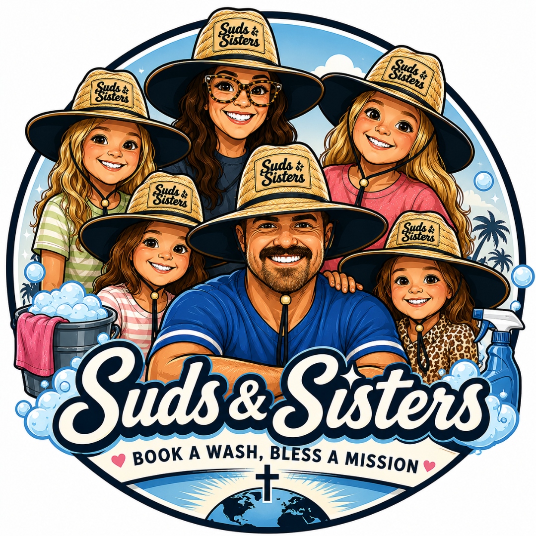 Illustrated portrait of the Suds and Sisters family — mom, dad, and four sisters in matching Suds and Sisters hats
